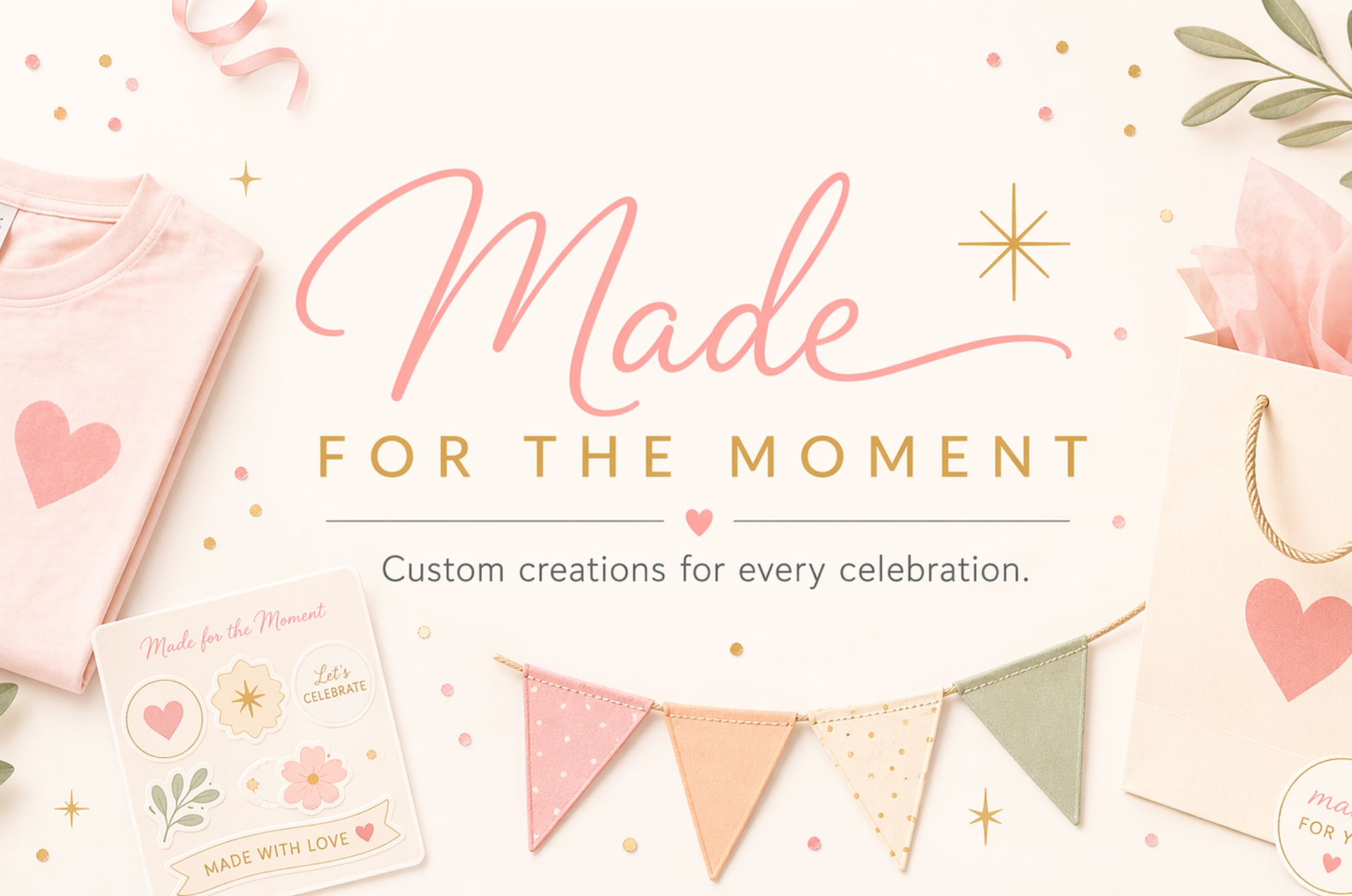 Made for The Moment: blush custom shirts, stickers, party bunting and gift bags